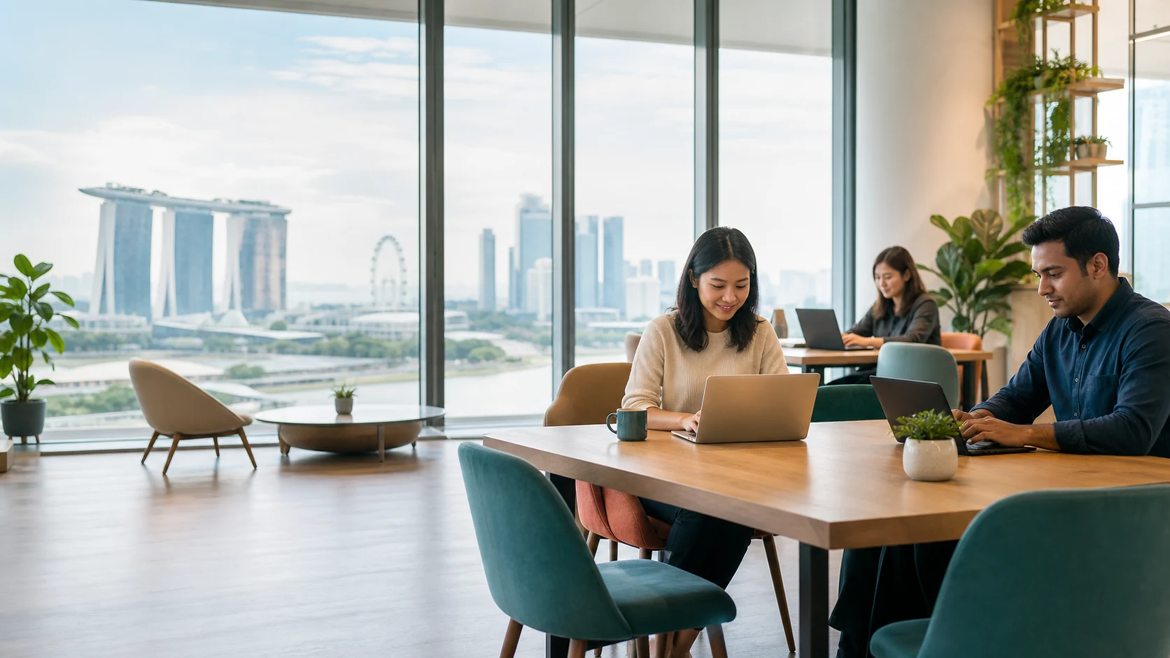Remote professionals working on laptops with a Singapore skyline view